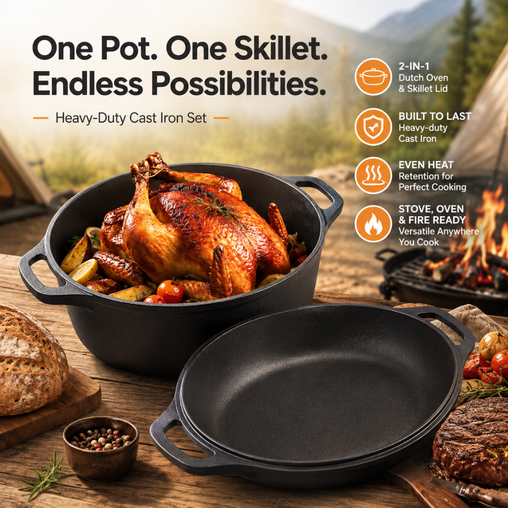 Gusseisen Dutch Oven 26/28 cm – 2-in-1 Schmortopf mit Pfannendeckel für Brot, Braten, Backen & Camping