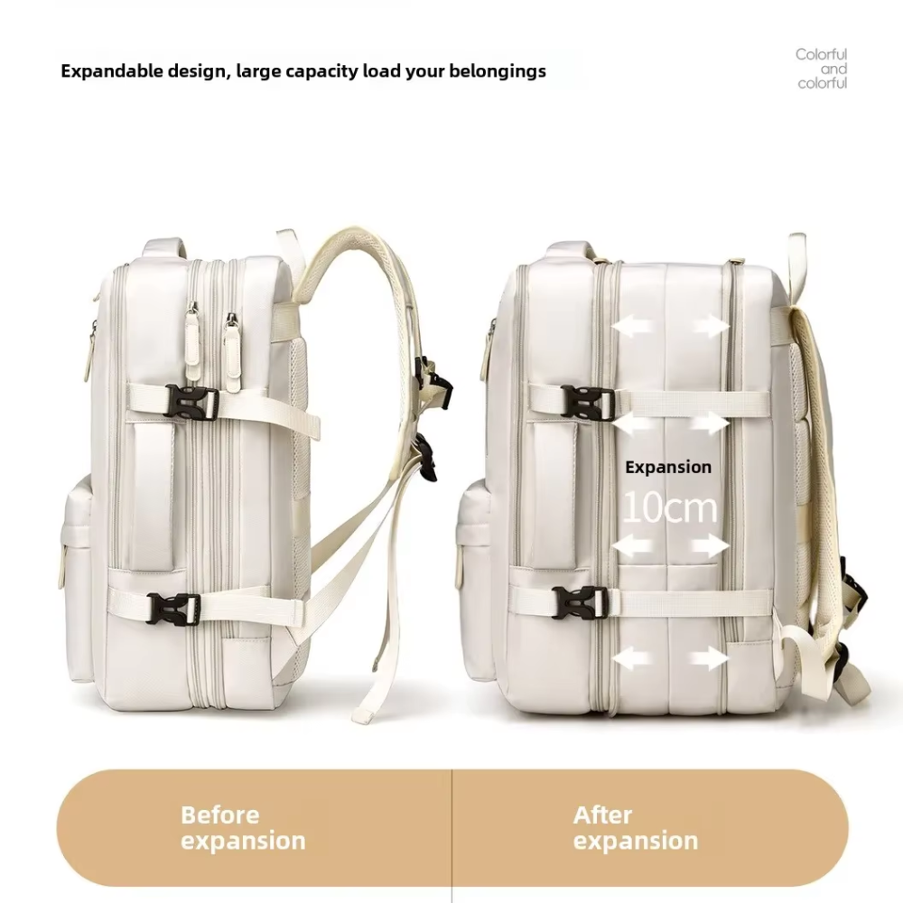 Erweiterbarer Handgepäck-Rucksack 46 × 30 × 16–26 cm – Wasserabweisender Laptop-Reiserucksack mit vielen Fächern
