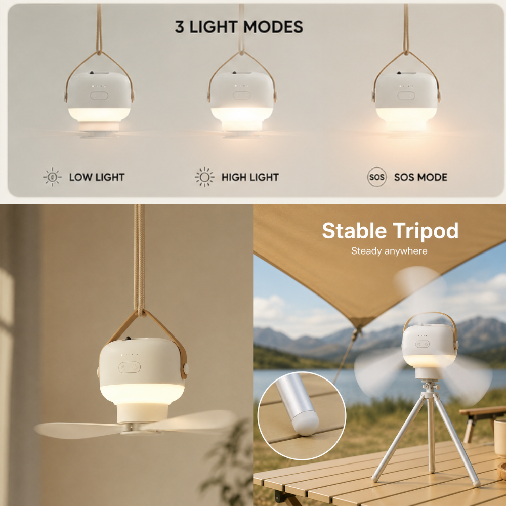 Tragbarer Camping Ventilator mit LED Licht Fernbedienung USB Akku Zelt Deckenventilator Weiß