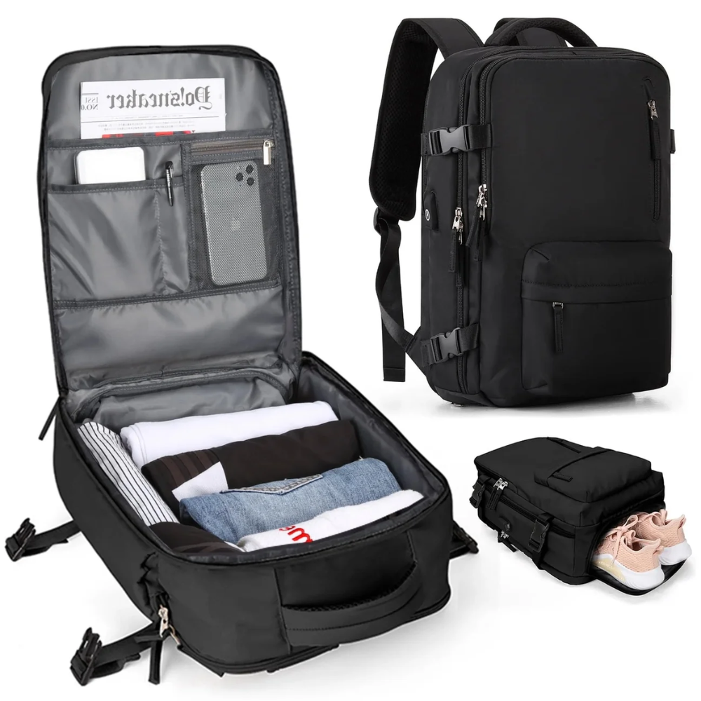 Erweiterbarer Handgepäck-Rucksack 46 × 30 × 16–26 cm – Wasserabweisender Laptop-Reiserucksack mit vielen Fächern