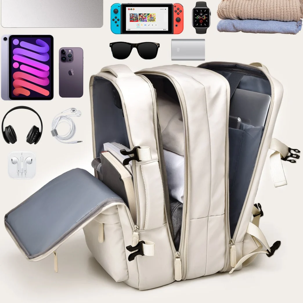 Erweiterbarer Handgepäck-Rucksack 46 × 30 × 16–26 cm – Wasserabweisender Laptop-Reiserucksack mit vielen Fächern