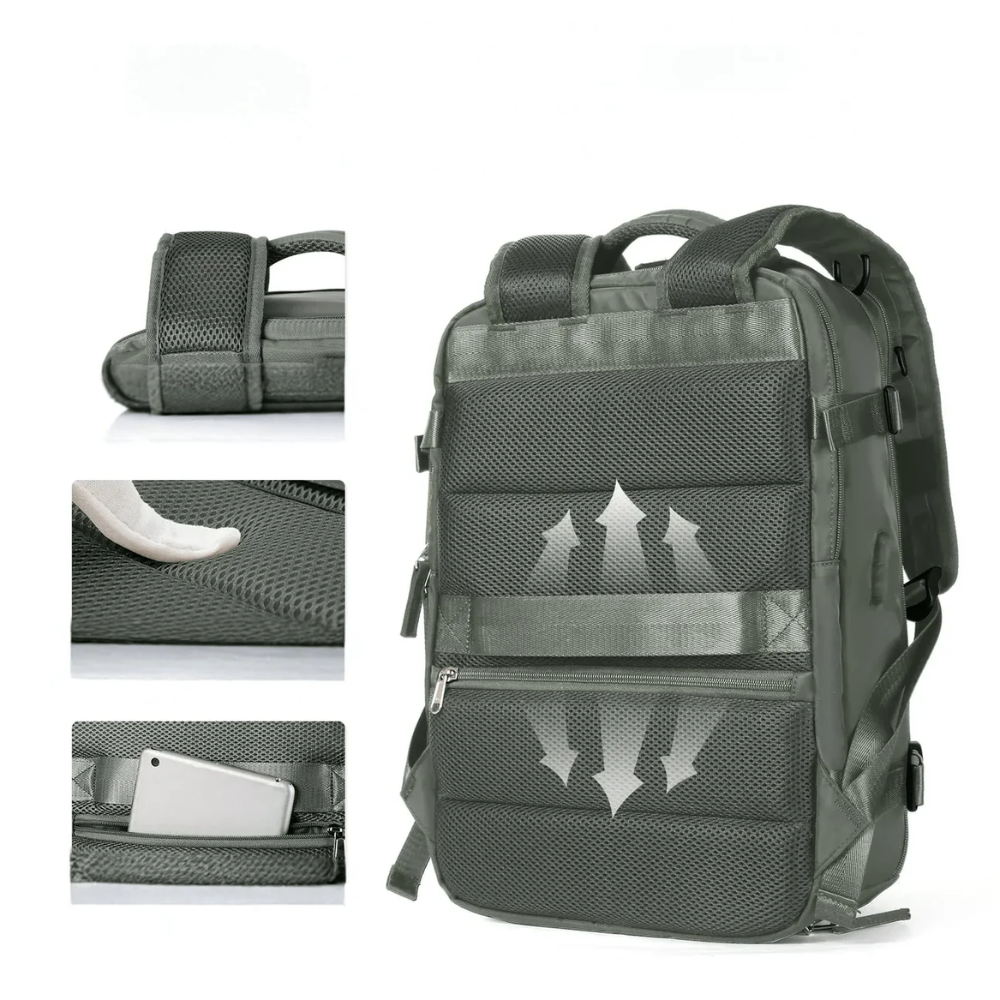 Erweiterbarer Handgepäck-Rucksack 46 × 30 × 16–26 cm – Wasserabweisender Laptop-Reiserucksack mit vielen Fächern