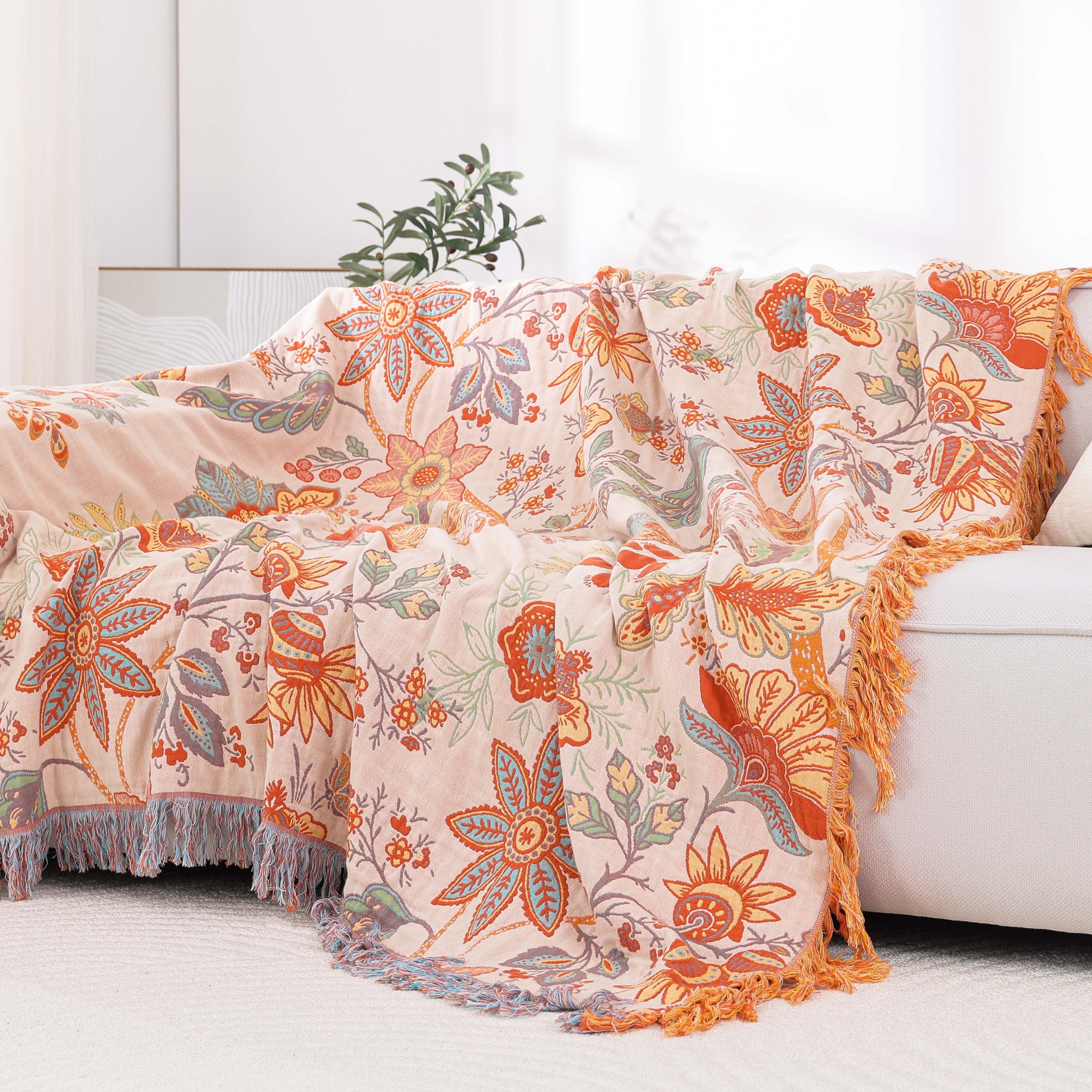 Boho Jacquard Baumwolldecke mit Fransen – Sofadecke, Tagesdecke & Bettüberwurf mit floralem Muster