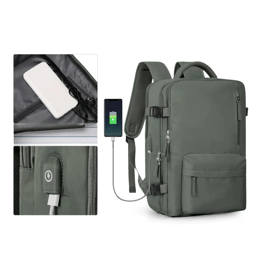 Erweiterbarer Handgepäck-Rucksack 46 × 30 × 16–26 cm – Wasserabweisender Laptop-Reiserucksack mit vielen Fächern