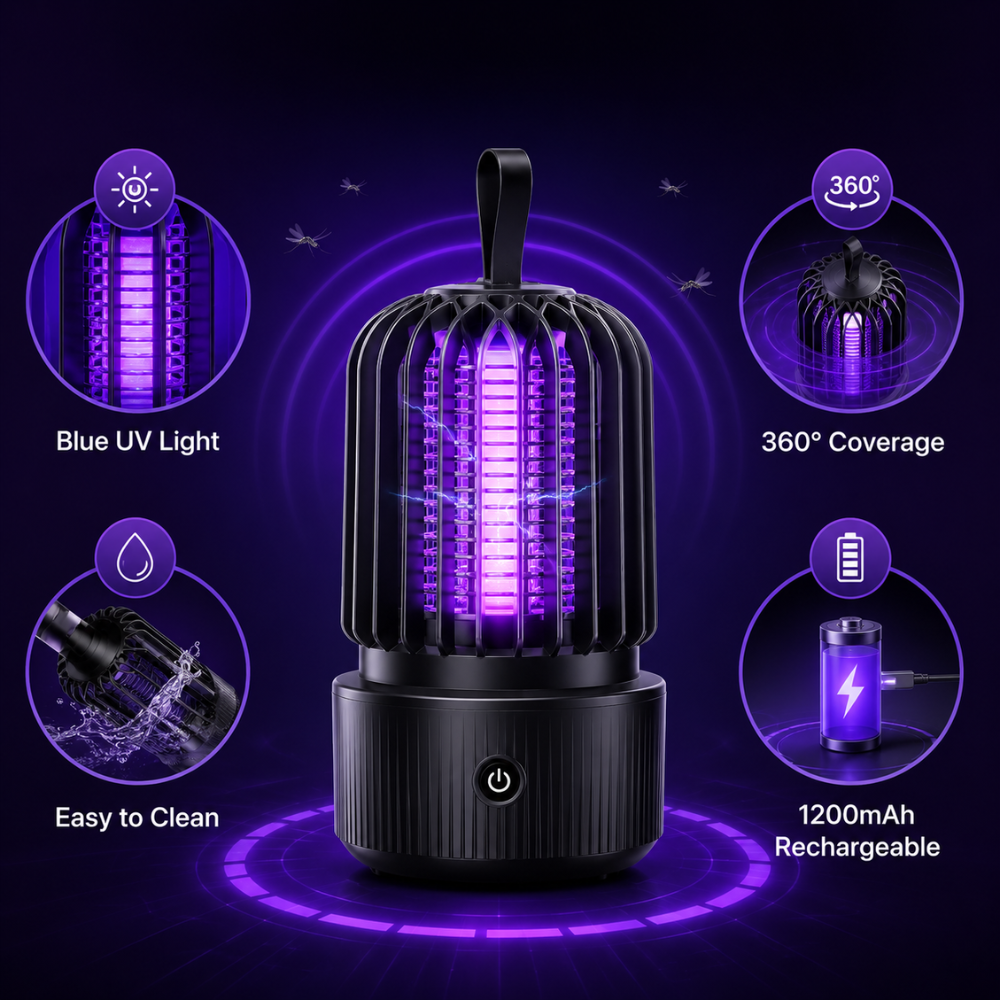 Wiederaufladbare Mückenlampe 2-in-1 – Elektrische UV Insektenfalle mit 1200mAh Akku für Zuhause, Terrasse & Camping