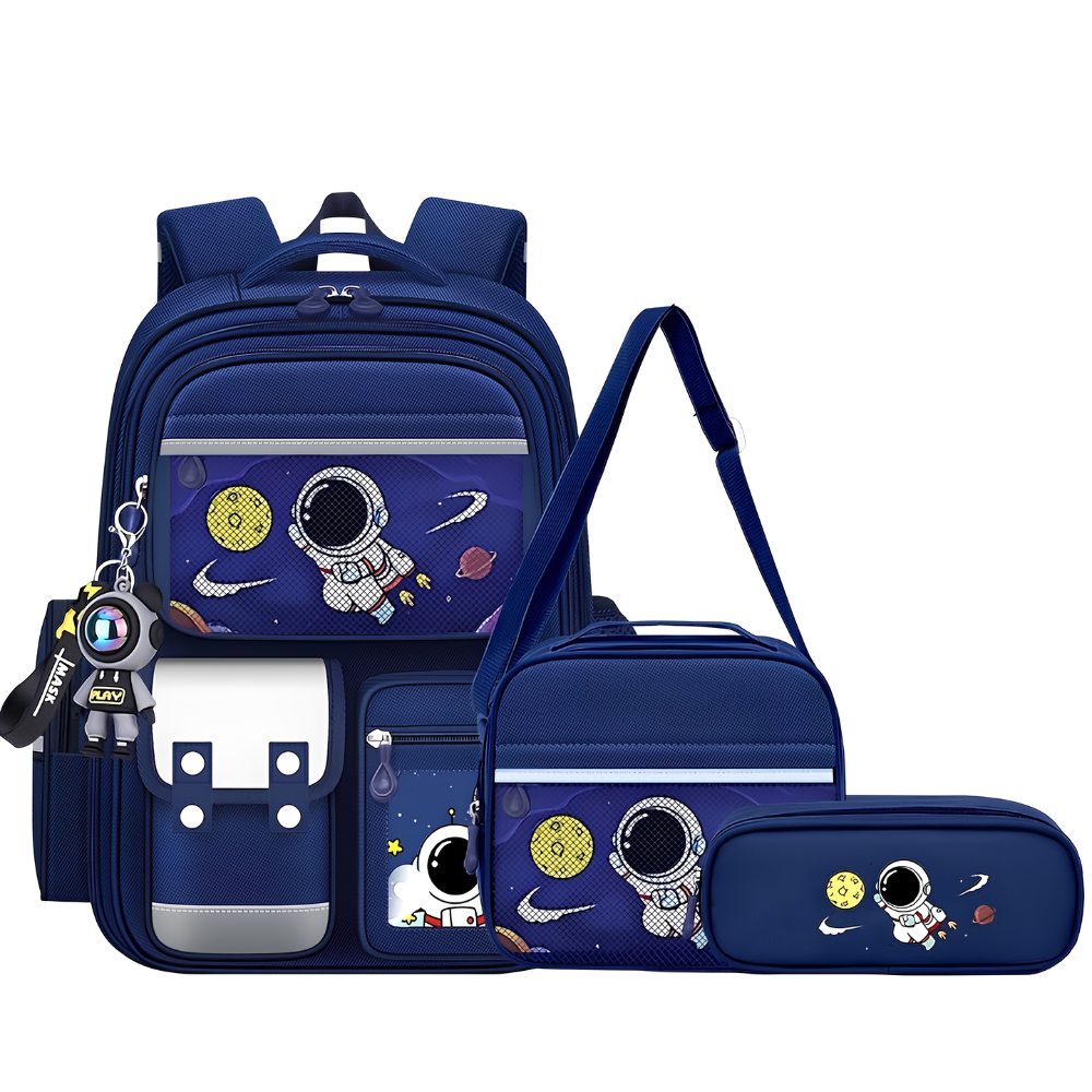Schulrucksack 3-teilig mit Astronauten-Motiv – Großer Rucksack mit Lunchbag & Federmäppchen für Schule, Reisen & Alltag