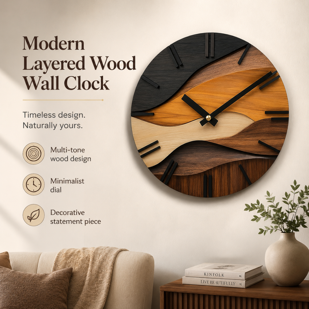 Moderne Wanduhr 30 cm in Holzoptik | Runde Designer-Uhr mit Wellenmuster und leisem Uhrwerk