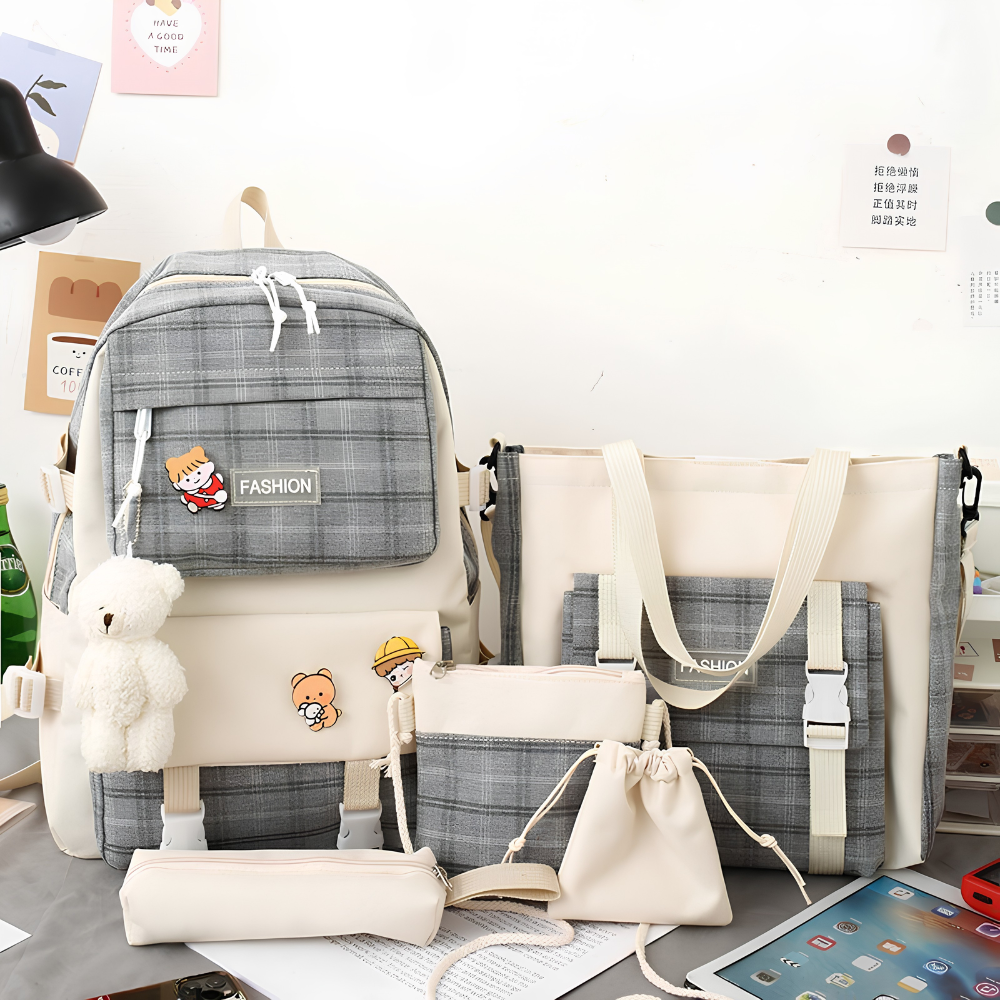 Schulrucksack-Set 5-teilig mit Karomuster – Großer Rucksack mit Tragetasche, Mäppchen, Beutel & Anhängern für Schule & Freizeit