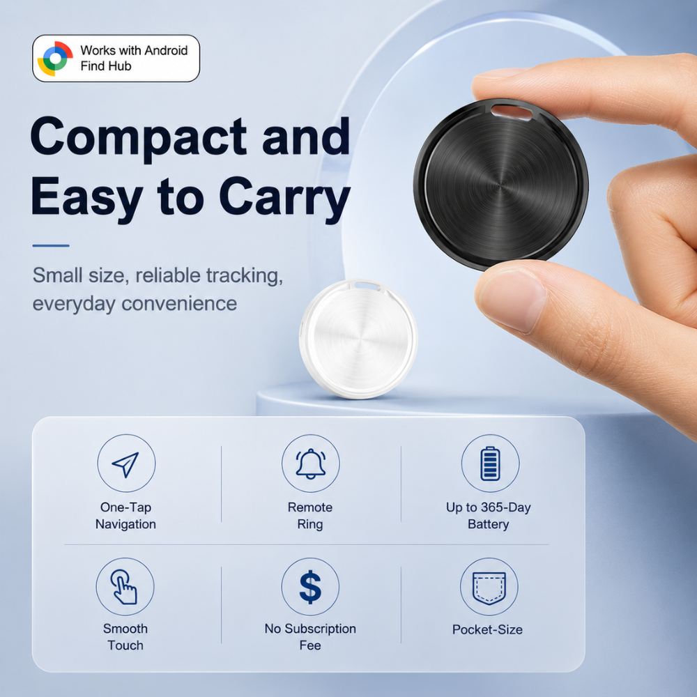 Bluetooth-Tracker für Android – Kompakter Smart Tag mit Google Find Hub, Tonalarm & langer Batterielaufzeit für Schlüssel, Tasche & Gepäck