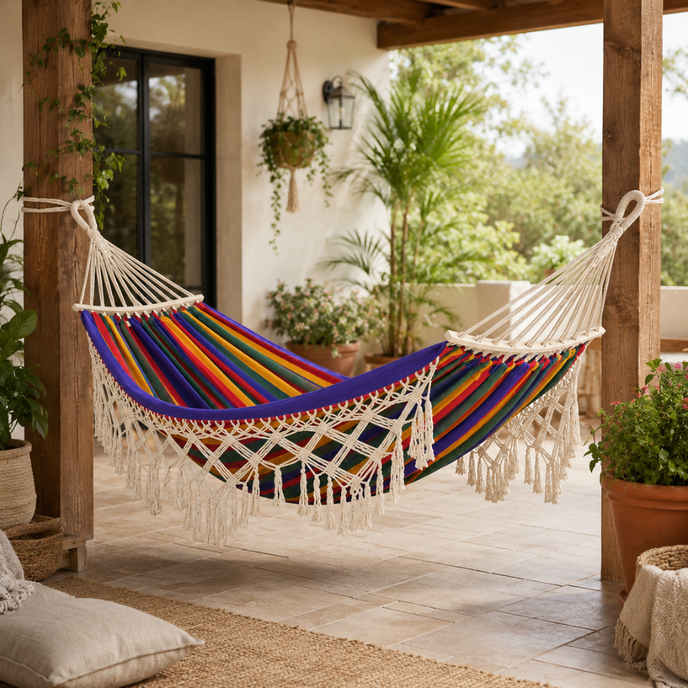 Bohemian Baumwoll Hängematte - Bunte Streifen mit Pompons für Garten und Innenräume