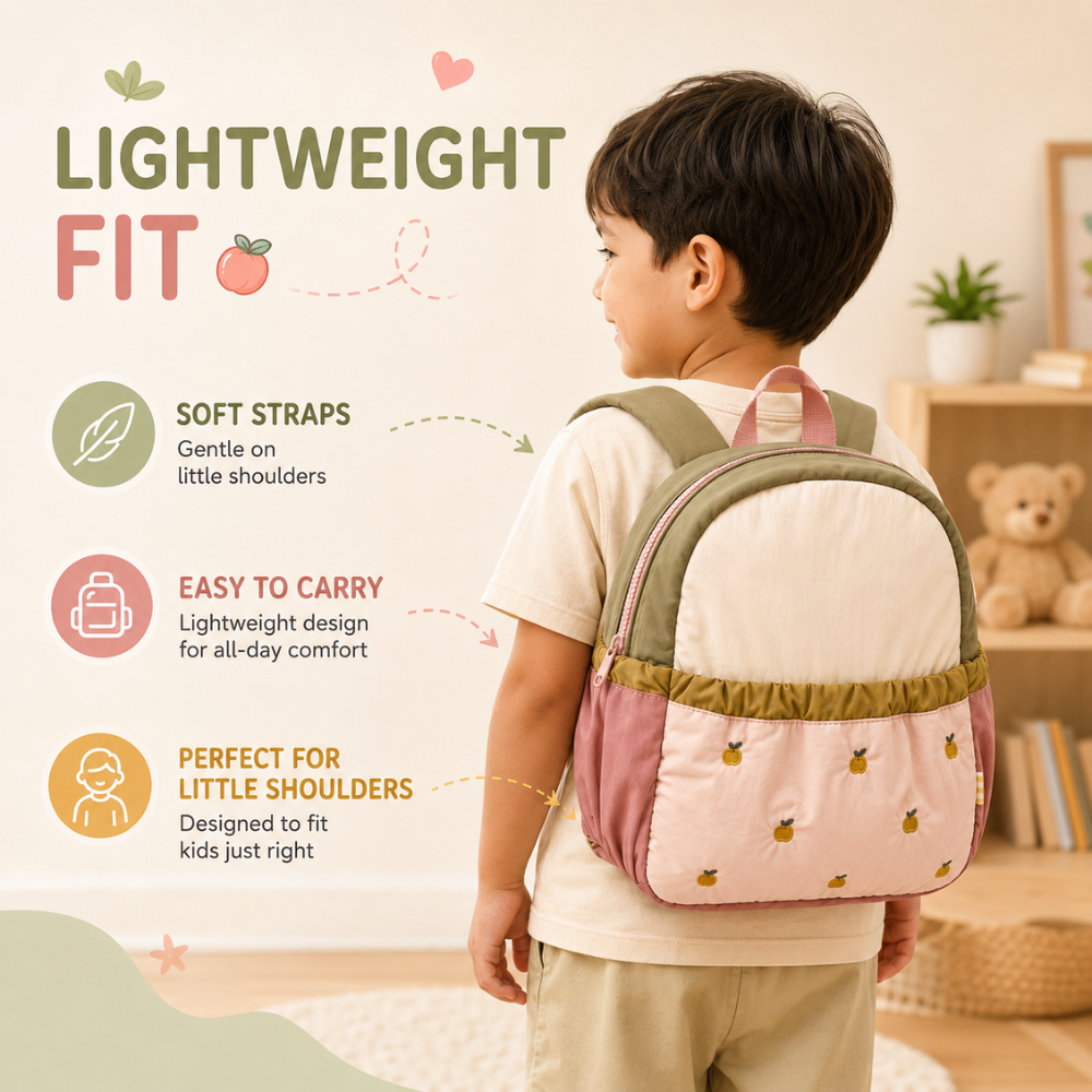 Kawaii Kinderrucksack mit Apfel-Stickerei – Leichter Nylon-Rucksack für Kindergarten, Vorschule & Ausflüge