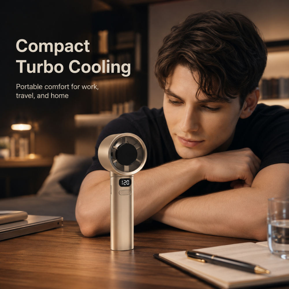 Wiederaufladbarer Handventilator mit Digitalanzeige – kompakter USB-Mini-Ventilator mit stufenloser Geschwindigkeitsregelung für Reise, Büro und Zuhause