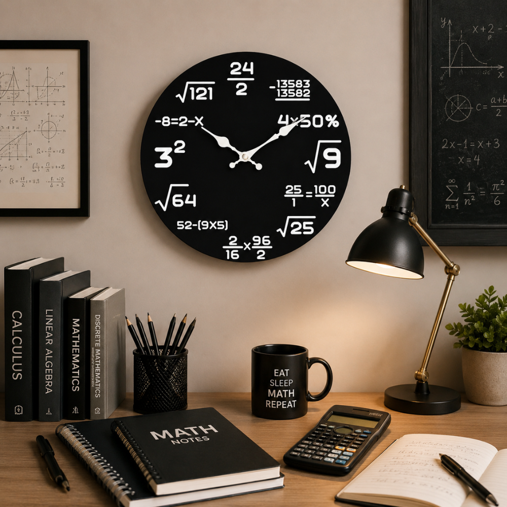 Mathe Wanduhr – Runde Zahlen Uhr mit Rechenaufgaben, leisem Quarzwerk für Wohnzimmer, Büro & Kinderzimmer