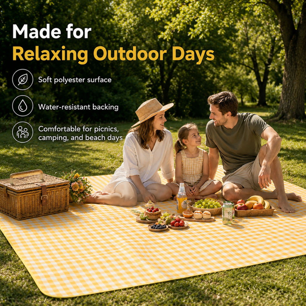 Gelb-weiße wasserdichte Picknickdecke, faltbare Outdoor Campingmatte mit isolierender Unterseite