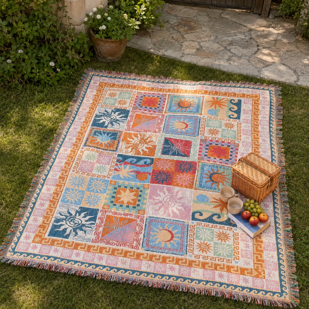 Bunte Boho Picknickdecke mit Fransen | Waschbare Polyester Outdoor-Decke für Camping, Strand, Sofa und Garten