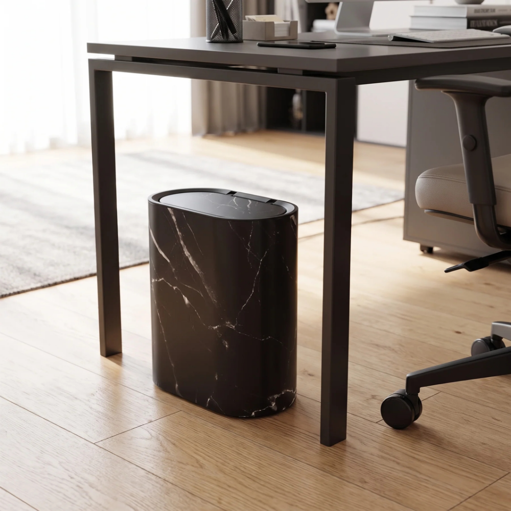 Ovale Kosmetik Eimer mit Deckel Marmor-Design - Platzsparender Mülleimer für Bad & Büro  29x29x14,5cm