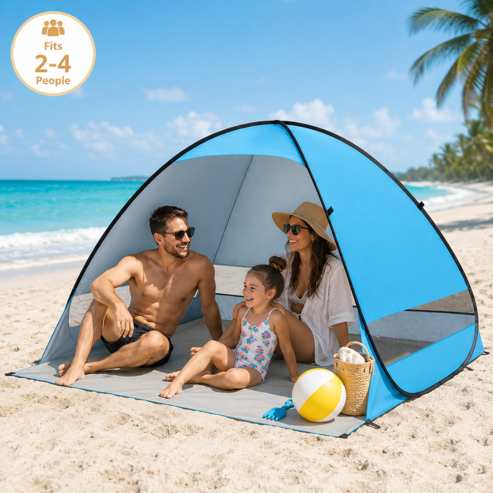 Pop Up Strandmuschel Blau 200 x 165 x 130 cm UPF50+ Strandzelt aus Polyester für Strand Camping