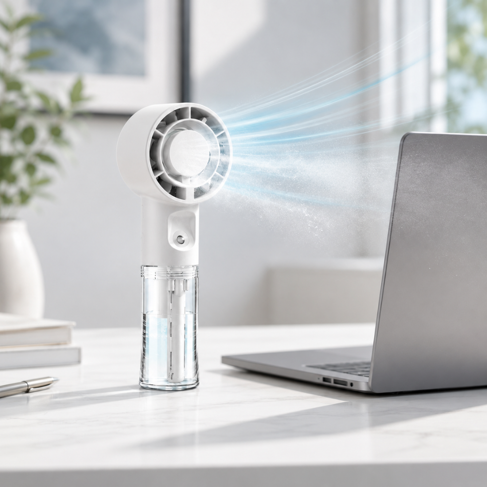 Tragbarer Mini-Sprühventilator – USB-aufladbarer Handventilator mit Wassertank und 4 Geschwindigkeitsstufen