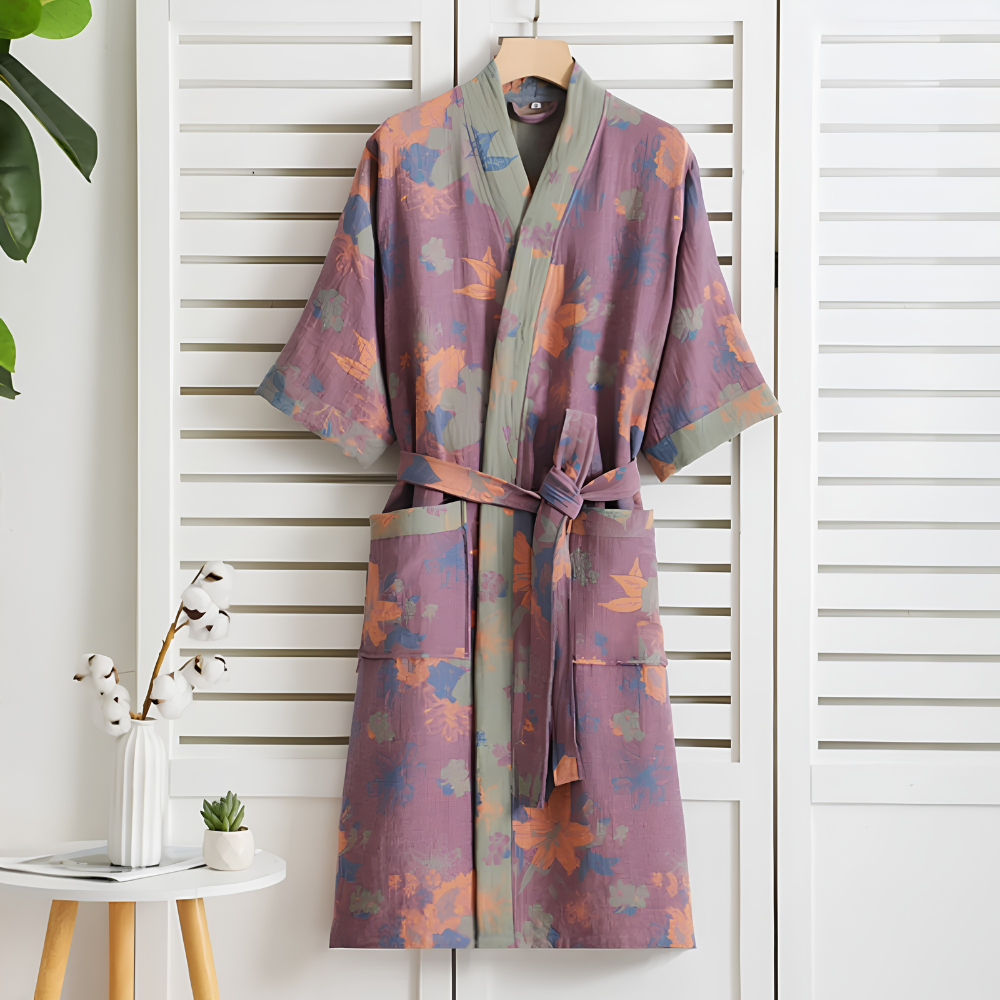 Riona Kimono Morgenmantel Damen - Leichter Baumwoll Bademantel Bedruckt mit Blumenmuster