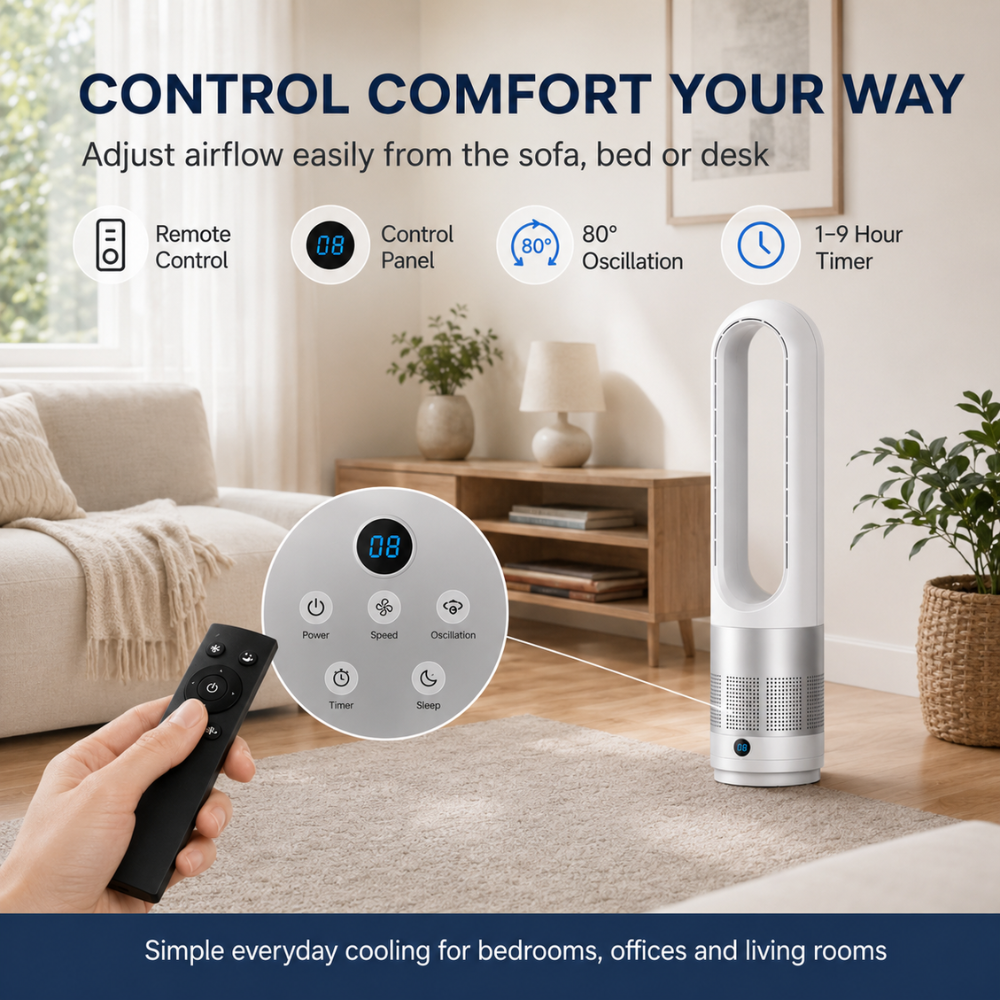 Leiser flügelloser Turmventilator mit Fernbedienung, Timer & 8 Geschwindigkeiten | 20 W Standventilator für Schlafzimmer, Büro & Wohnzimmer