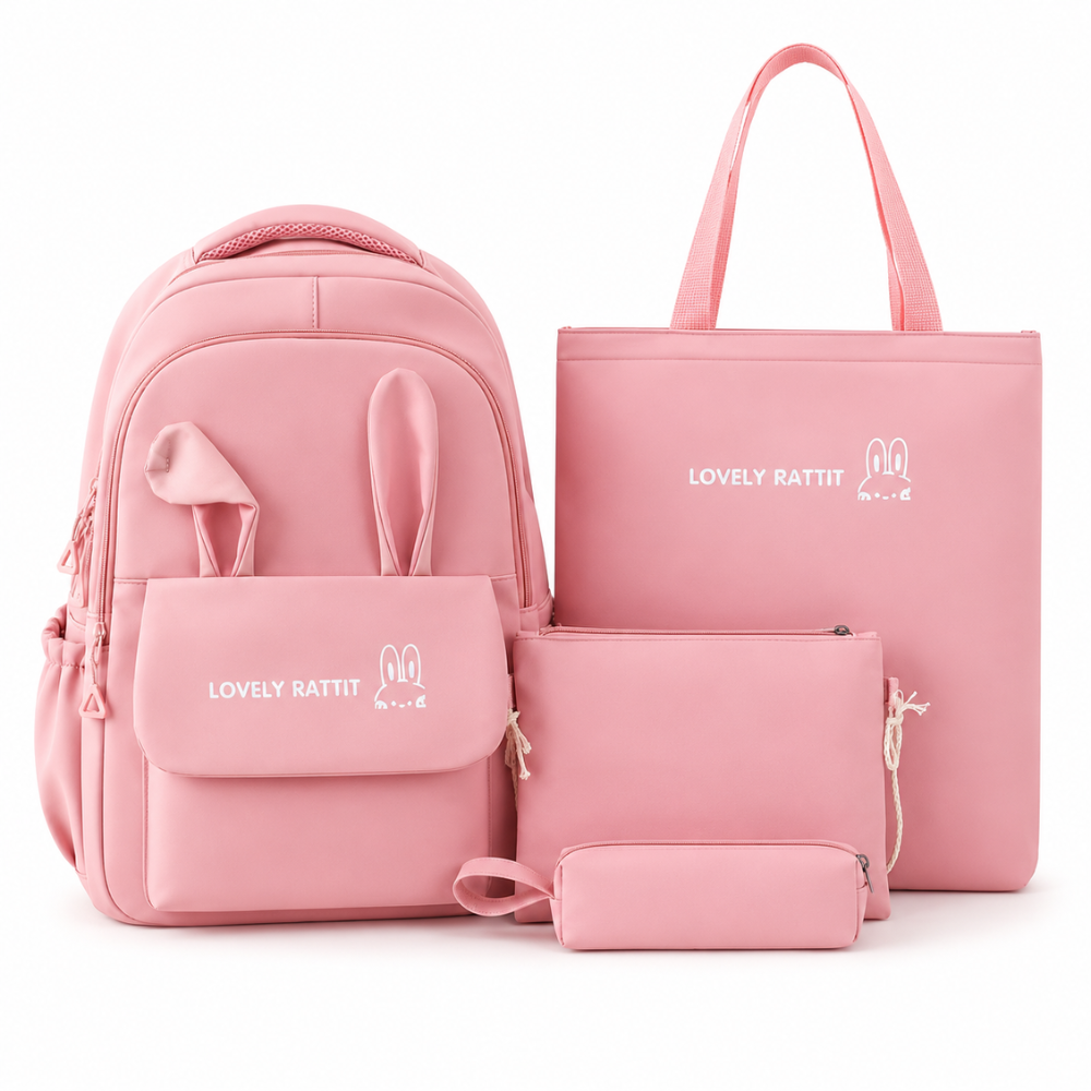 Schulrucksack-Set 4-teilig mit Hasenohren – Großer Nylon-Rucksack mit Tragetasche, Beutel & Mäppchen für Schule & Freizeit