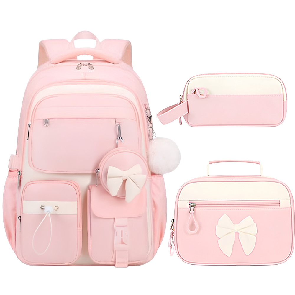 Kinder-Schulrucksack-Set mit Schleifen-Design – 3-teiliges wasserabweisendes Rucksack-Set mit Lunchbag & Federmäppchen