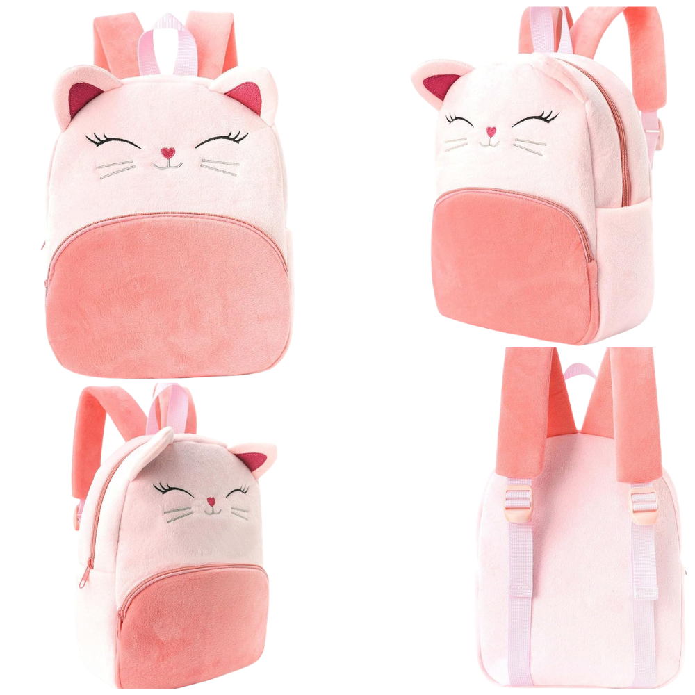 Weicher Katzen-Rucksack 31 × 24,5 × 12 cm – Plüschiger Kindergartenrucksack aus Polyester mit verstellbaren Trägern
