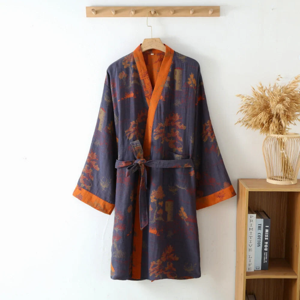 Atmungsaktiver Kimono - Dünner Baumwoll Bademantel mit Gürtel & V-Ausschnitt