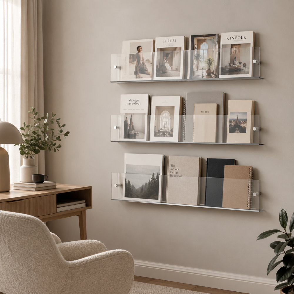 Transparentes Wandregal aus Kunststoff Wandmontierter Prospekthalter für Bücher Zeitschriften Magazine Büro Zuhause