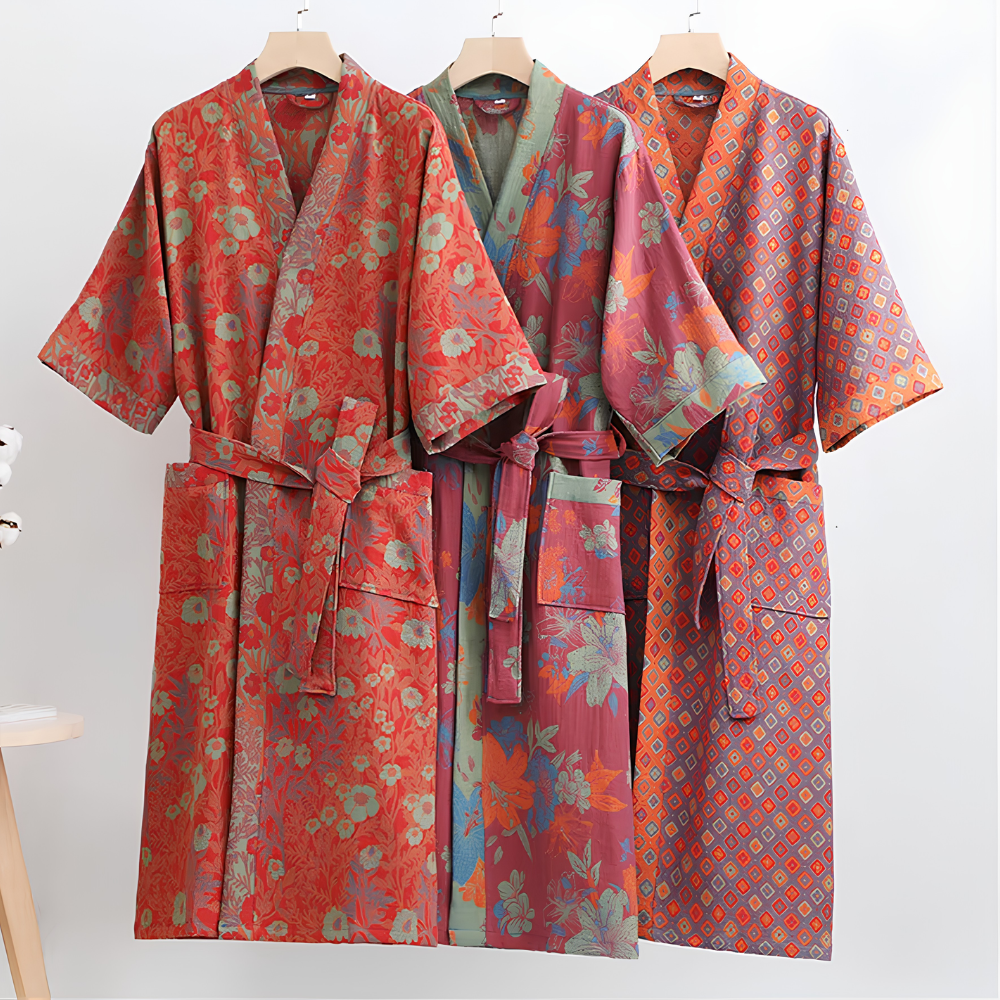Retro Kimono Bademantel aus Baumwolle - Luftiger Morgenmantel & Loungewear für Damen & Herren