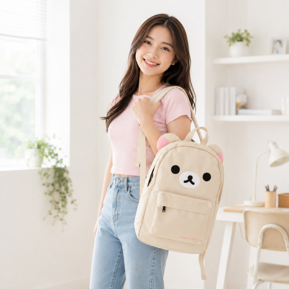 Kawaii Bären-Rucksack 43 × 30 cm – Wasserabweisender Schulrucksack mit Ohren & Frontfach für Schule, Uni & Reisen
