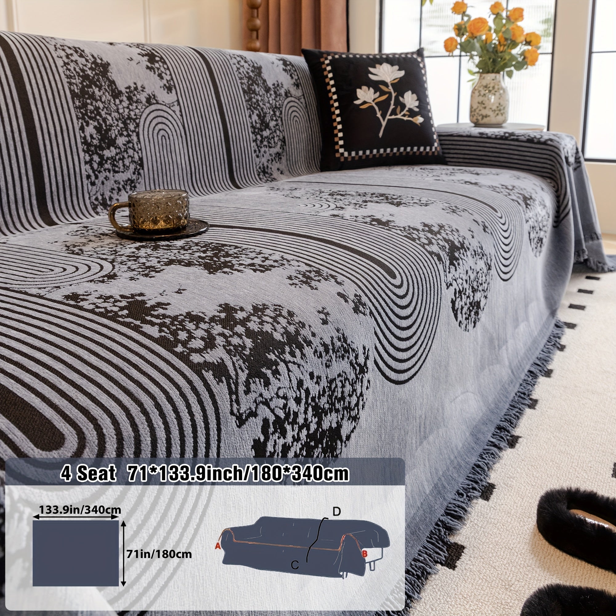 Chenille Sofabezug Rutschfest – Couchdecke mit Fransen & Abstraktem Muster für Sofa, Couch & Wohnzimmer