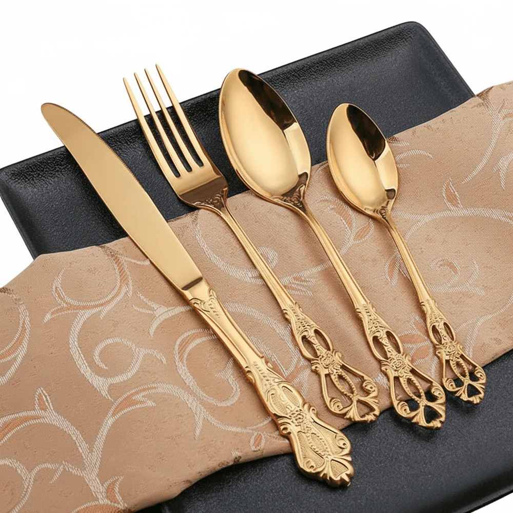 Elegantes Edelstahl Besteckset in Goldoptik - 24-teiliges Menübesteck mit prunkvollem Griff