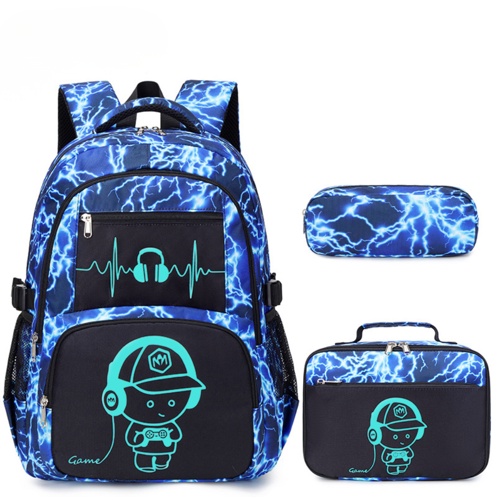 Kinder-Schulrucksack-Set mit Gamer-Motiv 32 × 21 × 45 cm – 3-teiliges Rucksack-Set aus Polyester mit Lunchbag & Federmäppchen