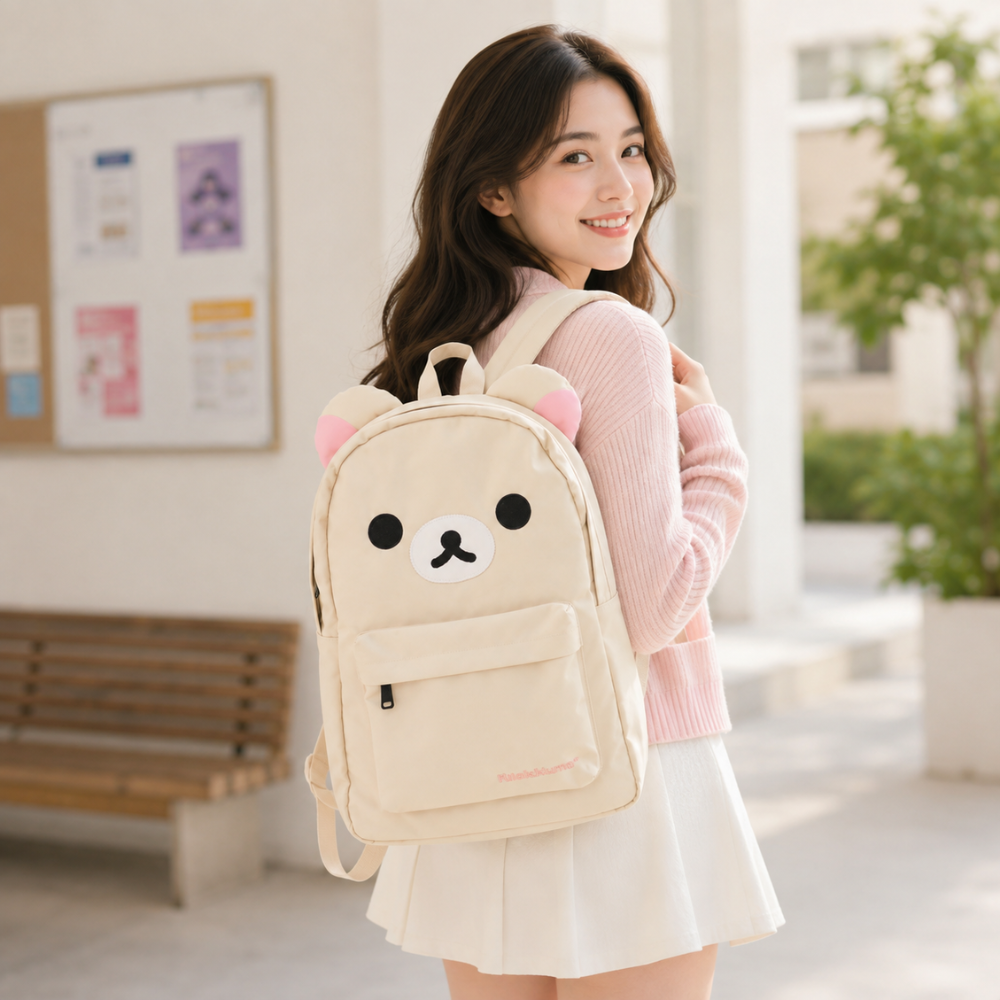 Kawaii Bären-Rucksack 43 × 30 cm – Wasserabweisender Schulrucksack mit Ohren & Frontfach für Schule, Uni & Reisen