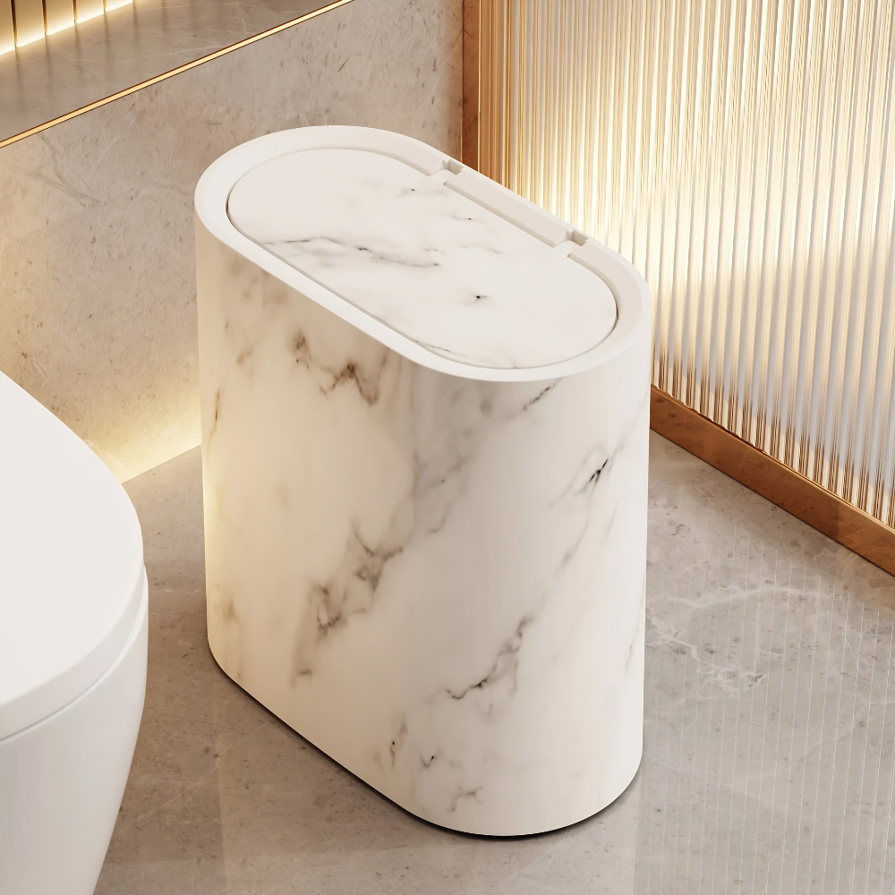 Ovale Kosmetik Eimer mit Deckel Marmor-Design - Platzsparender Mülleimer für Bad & Büro  29x29x14,5cm