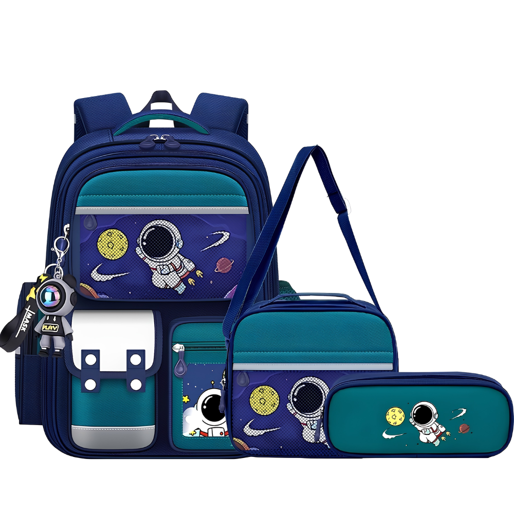 Schulrucksack 3-teilig mit Astronauten-Motiv – Großer Rucksack mit Lunchbag & Federmäppchen für Schule, Reisen & Alltag