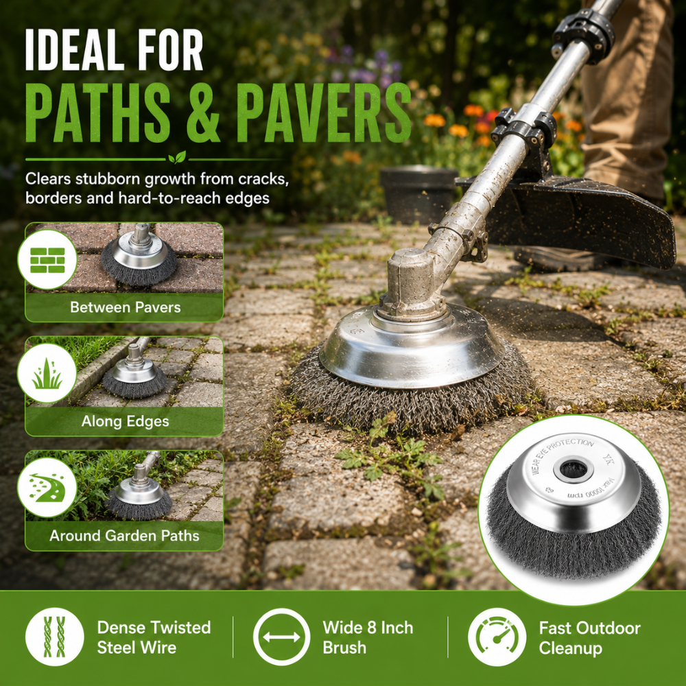 Stahldraht-Unkrautbürste für Rasentrimmer | 20 cm Bürstenkopf zur Entfernung von Unkraut, Moos und Gras