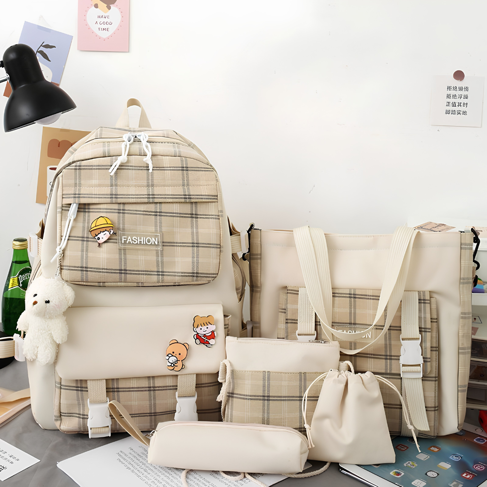 Schulrucksack-Set 5-teilig mit Karomuster – Großer Rucksack mit Tragetasche, Mäppchen, Beutel & Anhängern für Schule & Freizeit