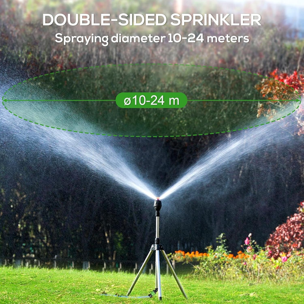 360° Gartensprinkler mit Stativ – Rotierender Rasensprenger mit teleskopischem Dreibein für Garten, Rasen & Bewässerung