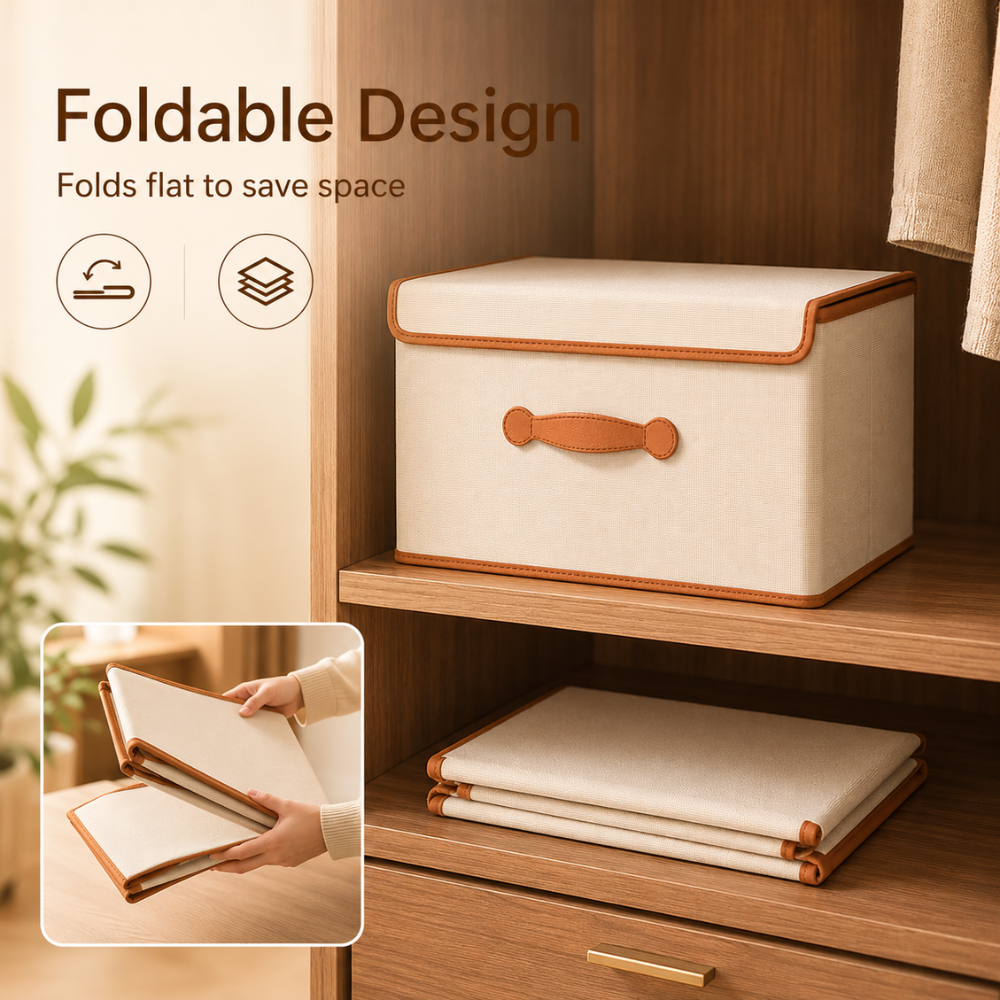 Faltbare Aufbewahrungsbox mit Deckel & Ledergriffen – Stoffbox aus Oxford, Stapelbar