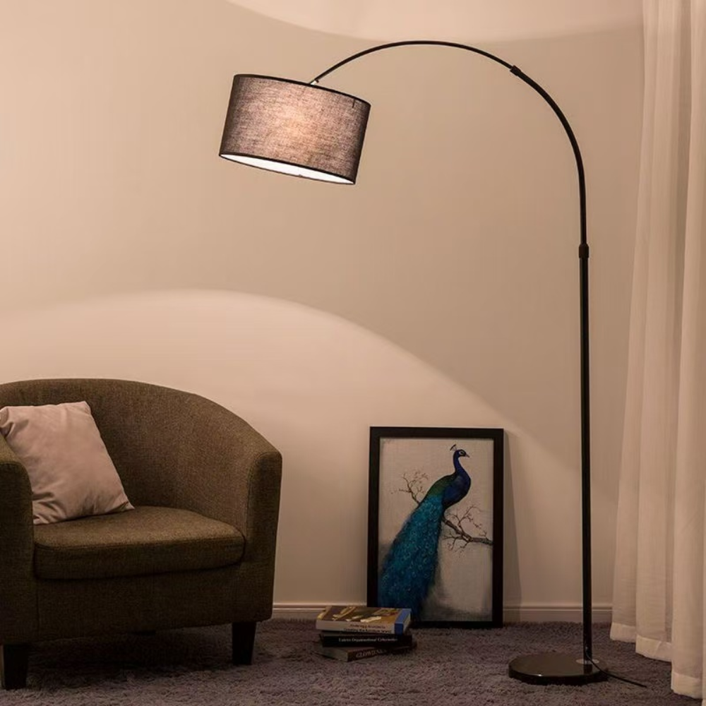 Bogenlampe mit Textilschirm 155 bis 185 cm – Verstellbare Stehleuchte für Sofa und Leseecke