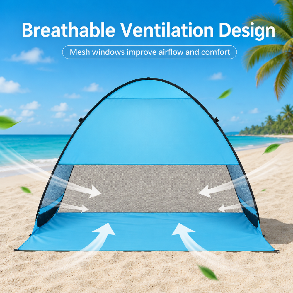 Pop Up Strandmuschel Blau 200 x 165 x 130 cm UPF50+ Strandzelt aus Polyester für Strand Camping