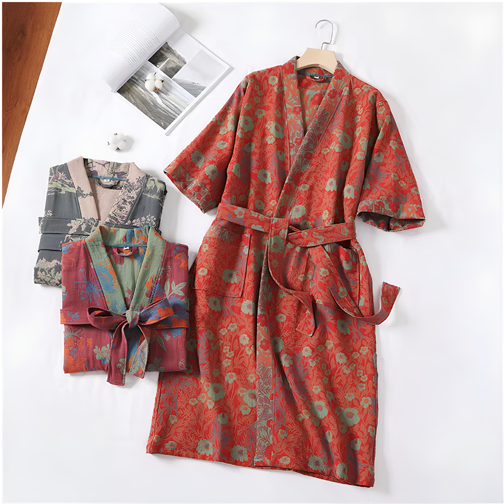 Retro Kimono Bademantel aus Baumwolle - Luftiger Morgenmantel & Loungewear für Damen & Herren