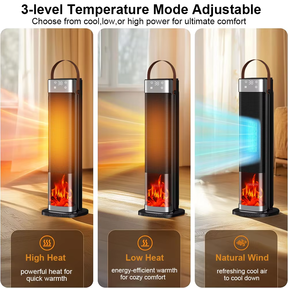 Turmheizlüfter 2000 W mit Fernbedienung 65 cm – Heizstrahler mit LED-Display und Flammeneffekt