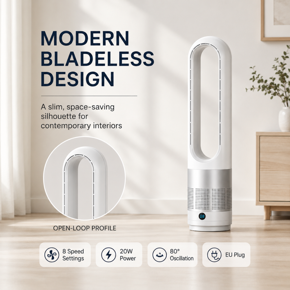 Leiser flügelloser Turmventilator mit Fernbedienung, Timer & 8 Geschwindigkeiten | 20 W Standventilator für Schlafzimmer, Büro & Wohnzimmer