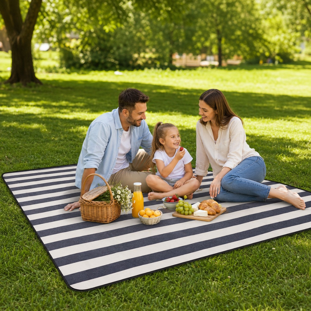 Gestreifte Outdoor Picknickdecke 150 x 200 cm aus Polyester | Faltbare Stranddecke mit Tragegurt
