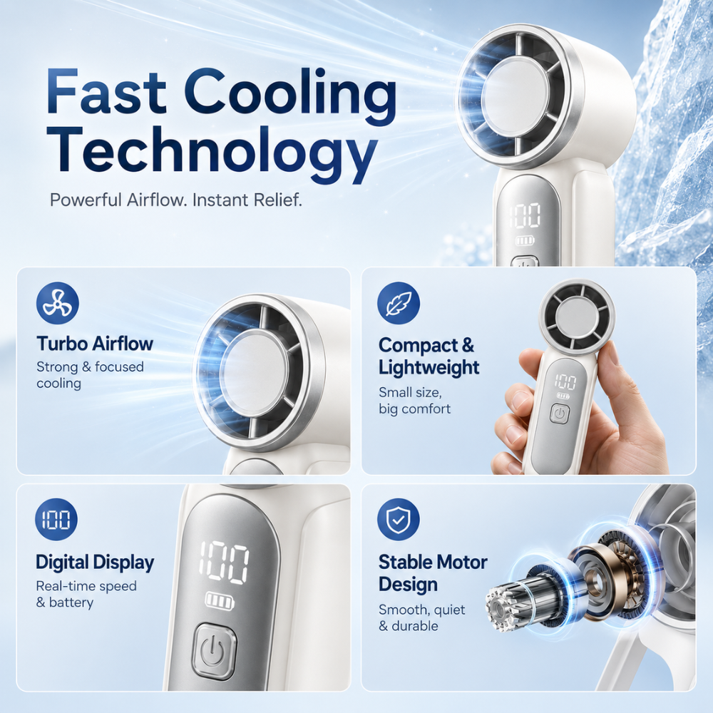 Tragbarer Mini-Turbo-Handventilator – USB-aufladbarer Hochgeschwindigkeits-Ventilator mit 100 Geschwindigkeitsstufen und Digitalanzeige