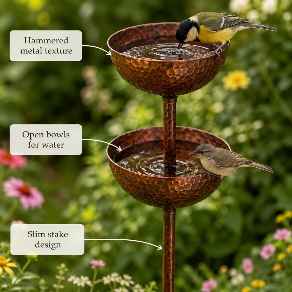 Vogeltränke Garten | 3-stufiges Vogelbad aus Eisen mit dekorativen Wasserschalen für Terrasse, Balkon und Außenbereich