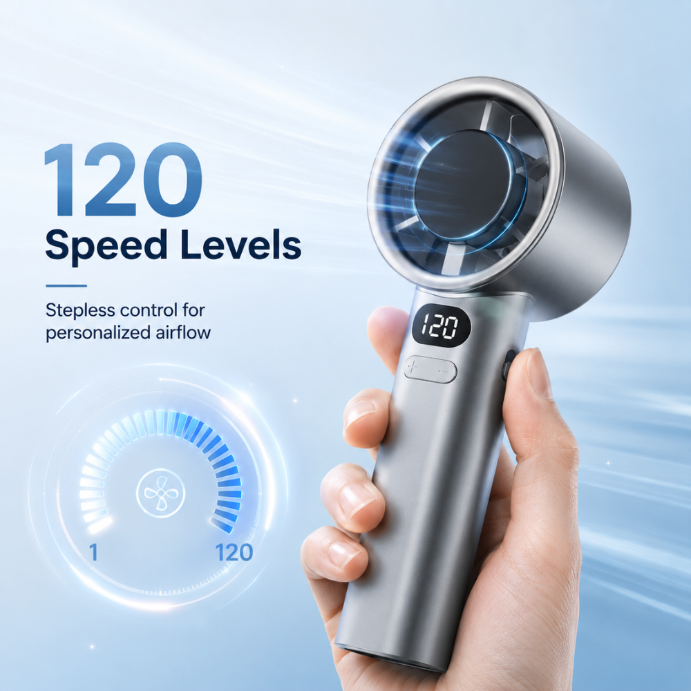 Wiederaufladbarer Handventilator mit Digitalanzeige – kompakter USB-Mini-Ventilator mit stufenloser Geschwindigkeitsregelung für Reise, Büro und Zuhause
